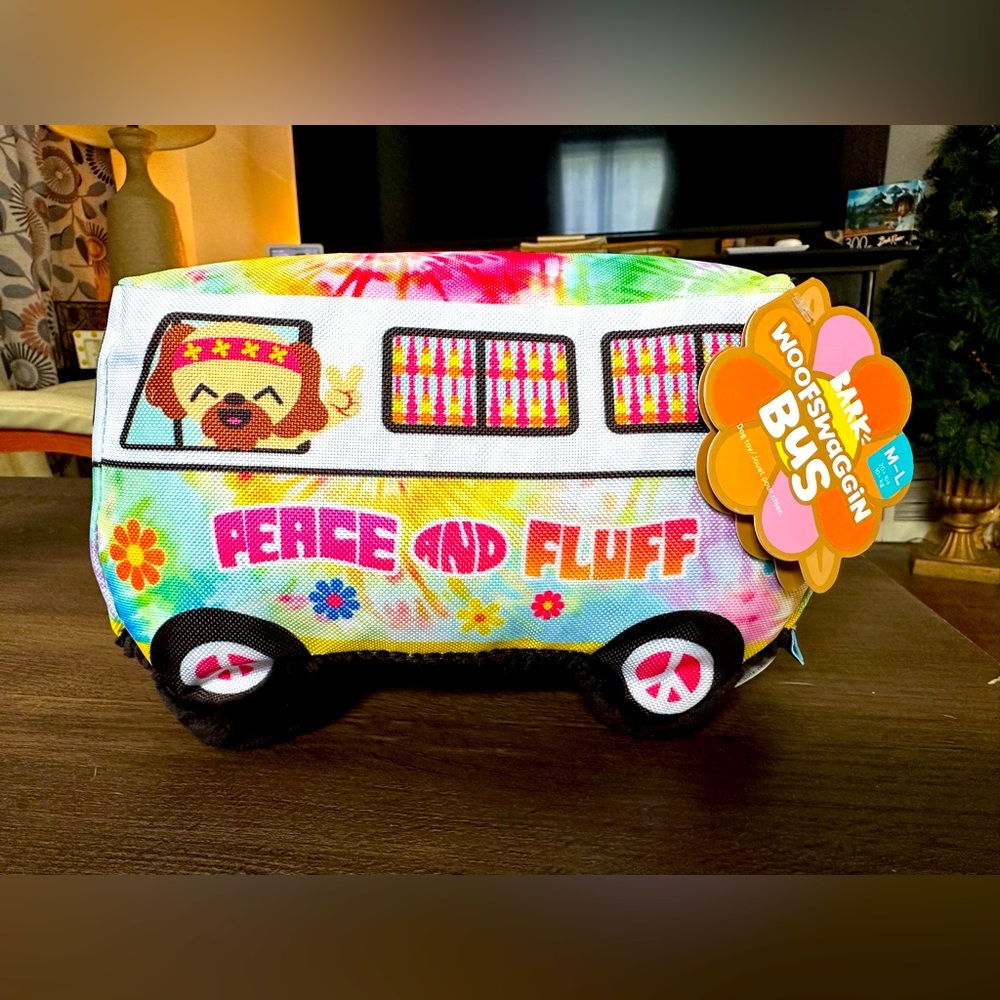 Bark box peace and love bus dog toy